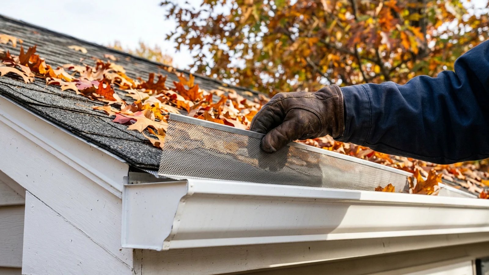 Close-up of a stainless steel micro-mesh gutter guard being installed on a residential home