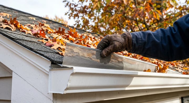 Close-up of a stainless steel micro-mesh gutter guard being installed on a residential home