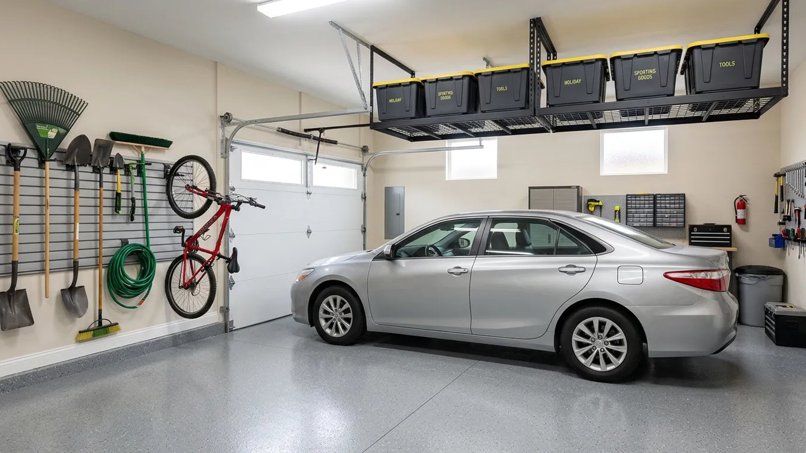 A perfectly organized one-car garage with a car parked inside and tools mounted on the walls.