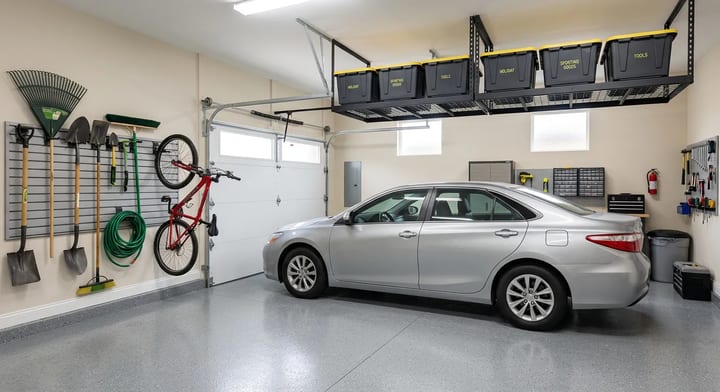 A perfectly organized one-car garage with a car parked inside and tools mounted on the walls.