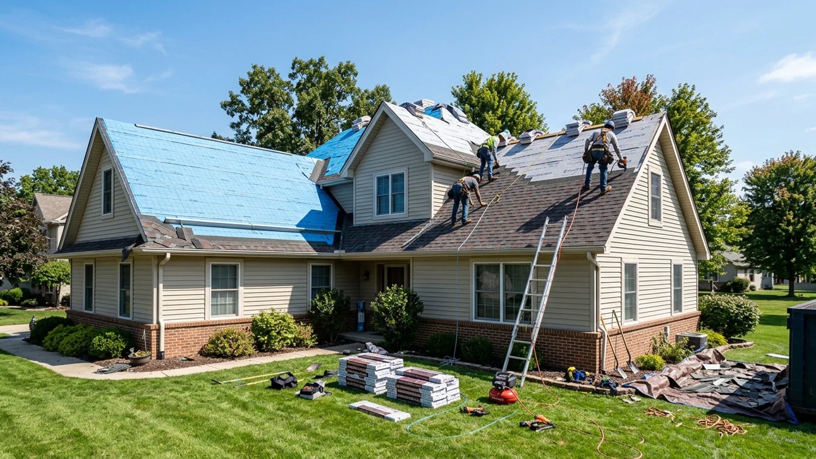 Roofing crew installing new architectural asphalt shingles on a residential home