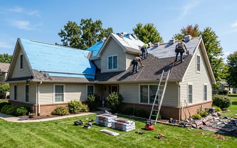 Roofing crew installing new architectural asphalt shingles on a residential home