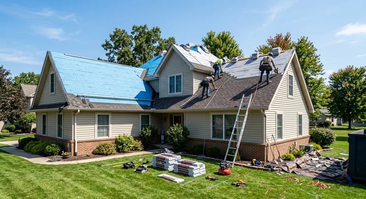 Roofing crew installing new architectural asphalt shingles on a residential home