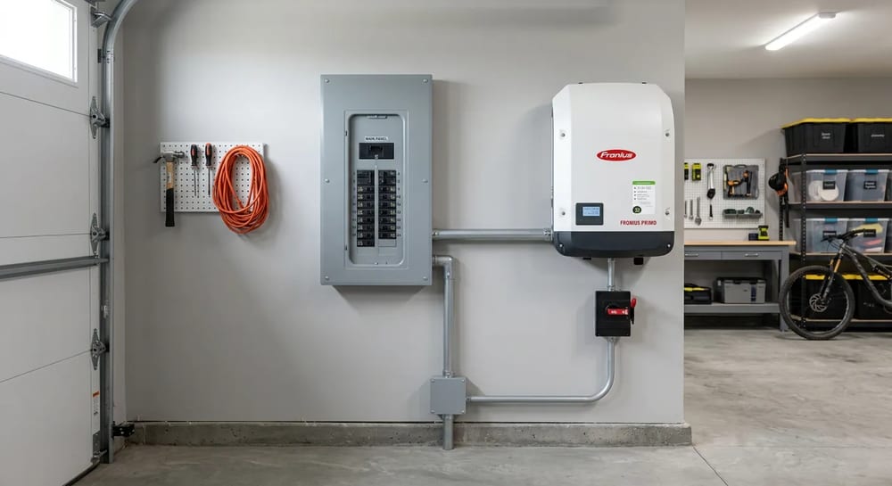 The inverter sits near your main electrical panel to convert power for your home.