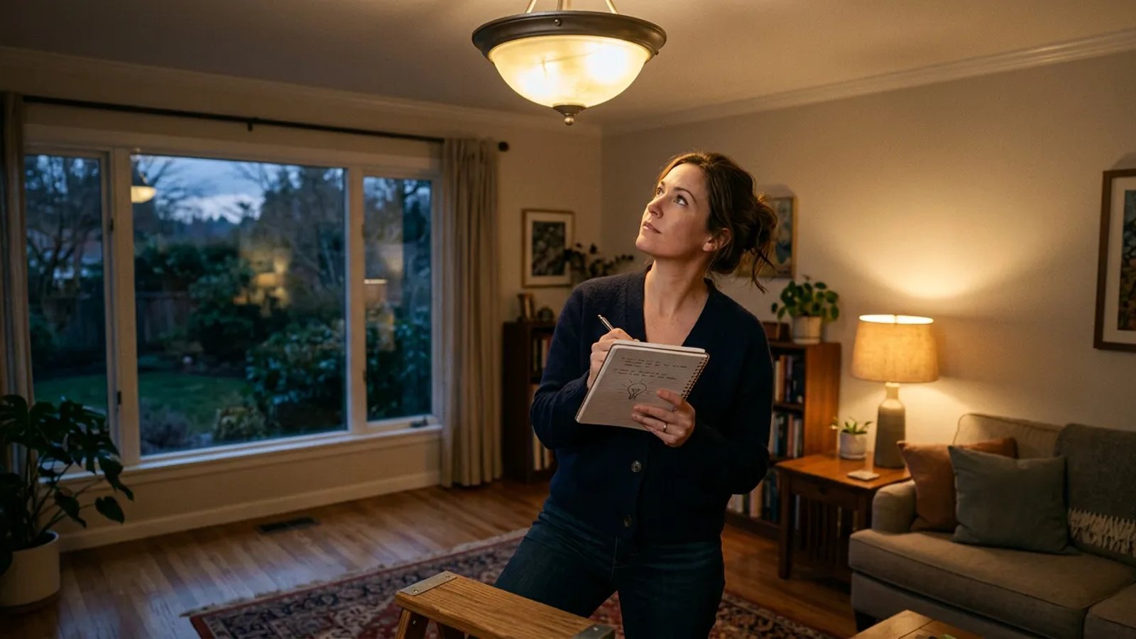 Homeowner looking up at a flickering ceiling light in a living room