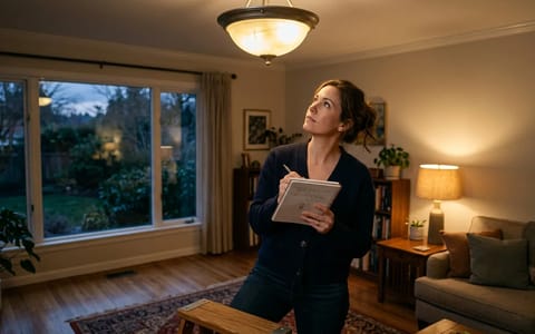 Homeowner looking up at a flickering ceiling light in a living room