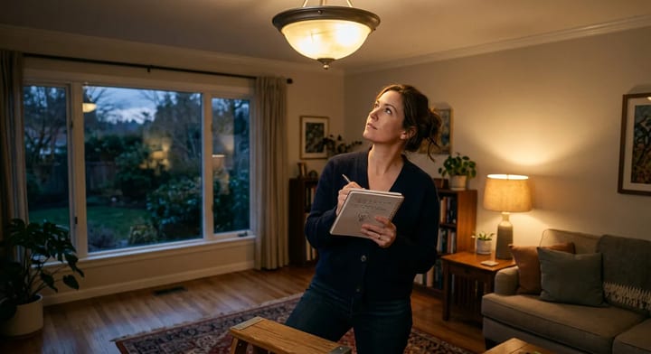 Homeowner looking up at a flickering ceiling light in a living room