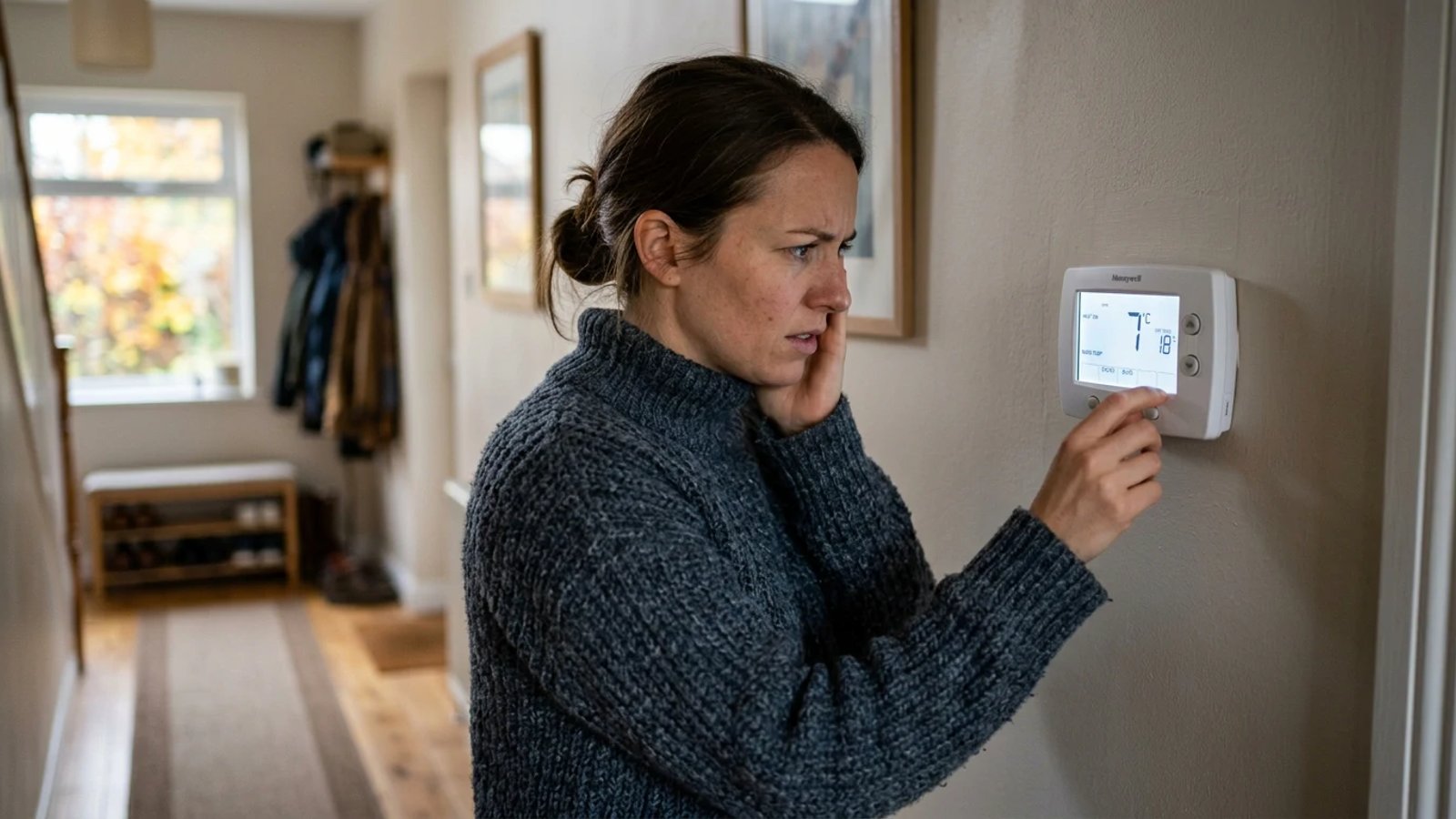 Homeowner checking a digital thermostat in a cold house.