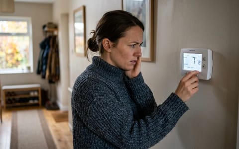 Homeowner checking a digital thermostat in a cold house.