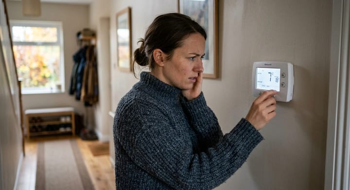 Homeowner checking a digital thermostat in a cold house.