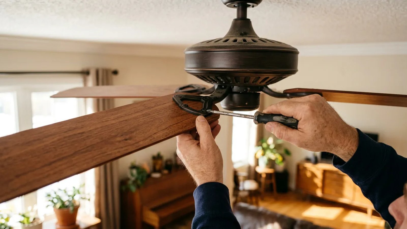Hands using a screwdriver to tighten a ceiling fan blade bracket