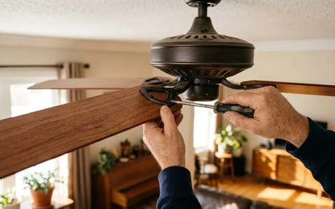 Hands using a screwdriver to tighten a ceiling fan blade bracket