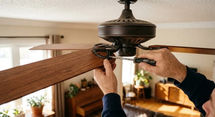 Hands using a screwdriver to tighten a ceiling fan blade bracket