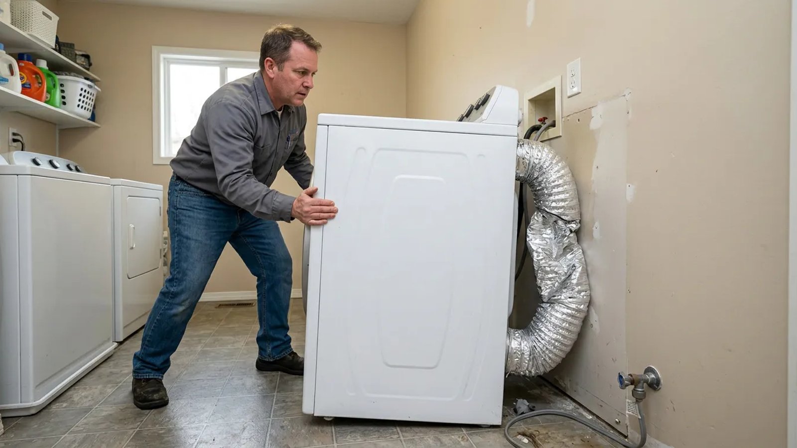 A crushed silver foil dryer vent hose trapped between a dryer and the laundry room wall.