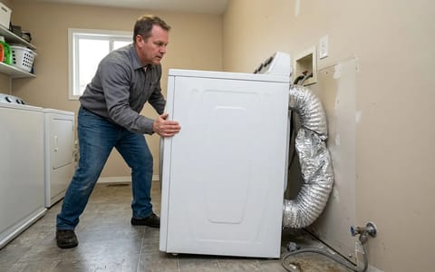 A crushed silver foil dryer vent hose trapped between a dryer and the laundry room wall.