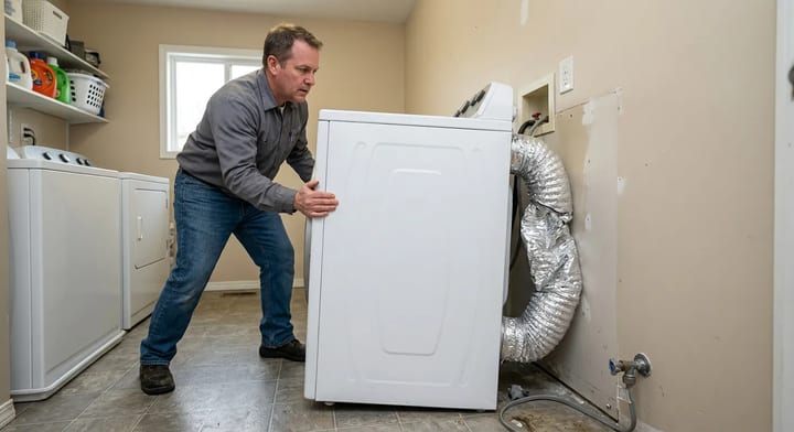 A crushed silver foil dryer vent hose trapped between a dryer and the laundry room wall.