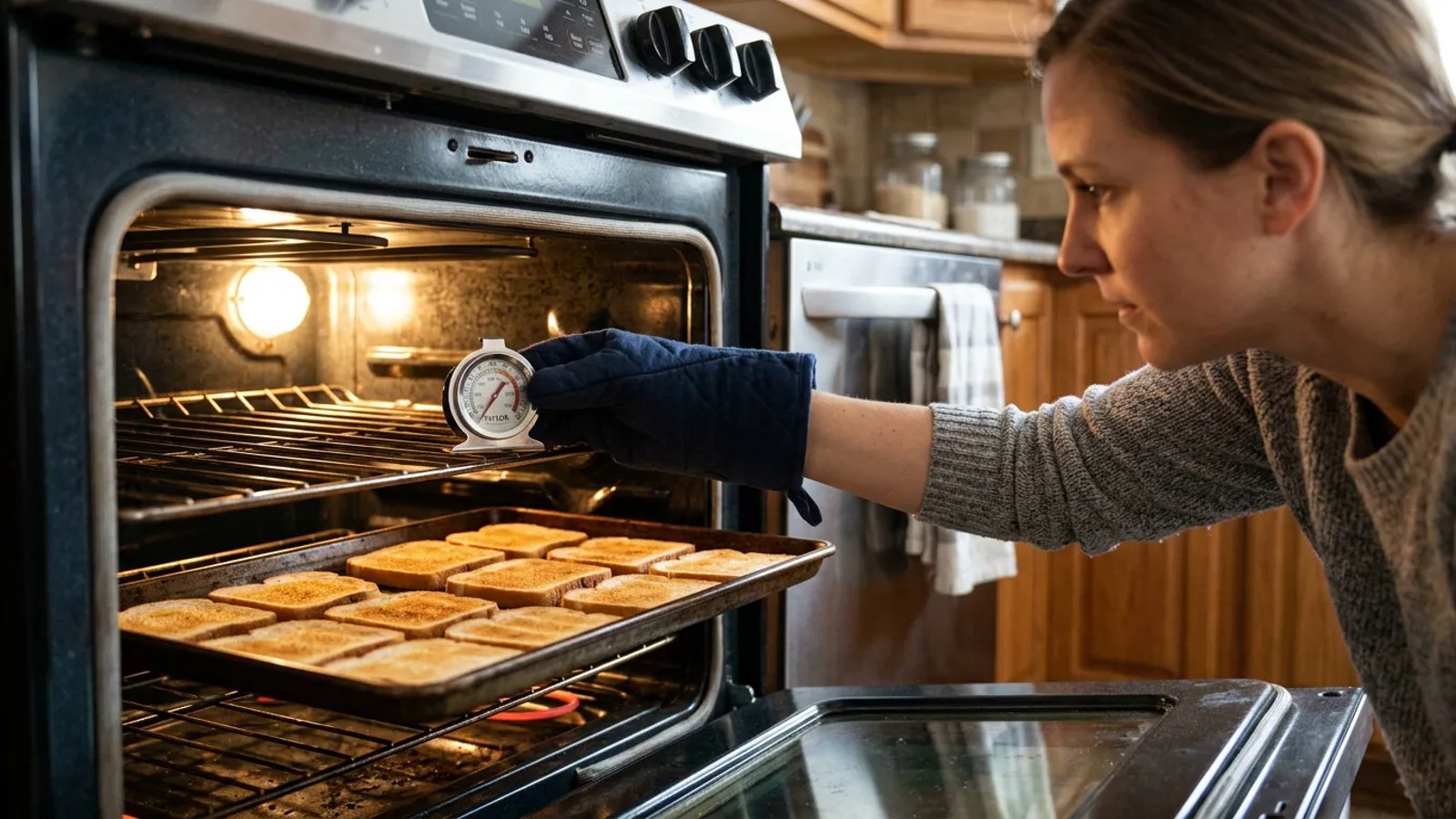 Homeowner checking oven temperature with a thermometer and a tray of sliced bread.