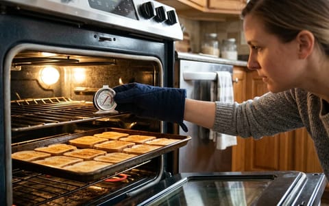 Homeowner checking oven temperature with a thermometer and a tray of sliced bread.