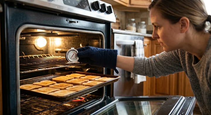Homeowner checking oven temperature with a thermometer and a tray of sliced bread.