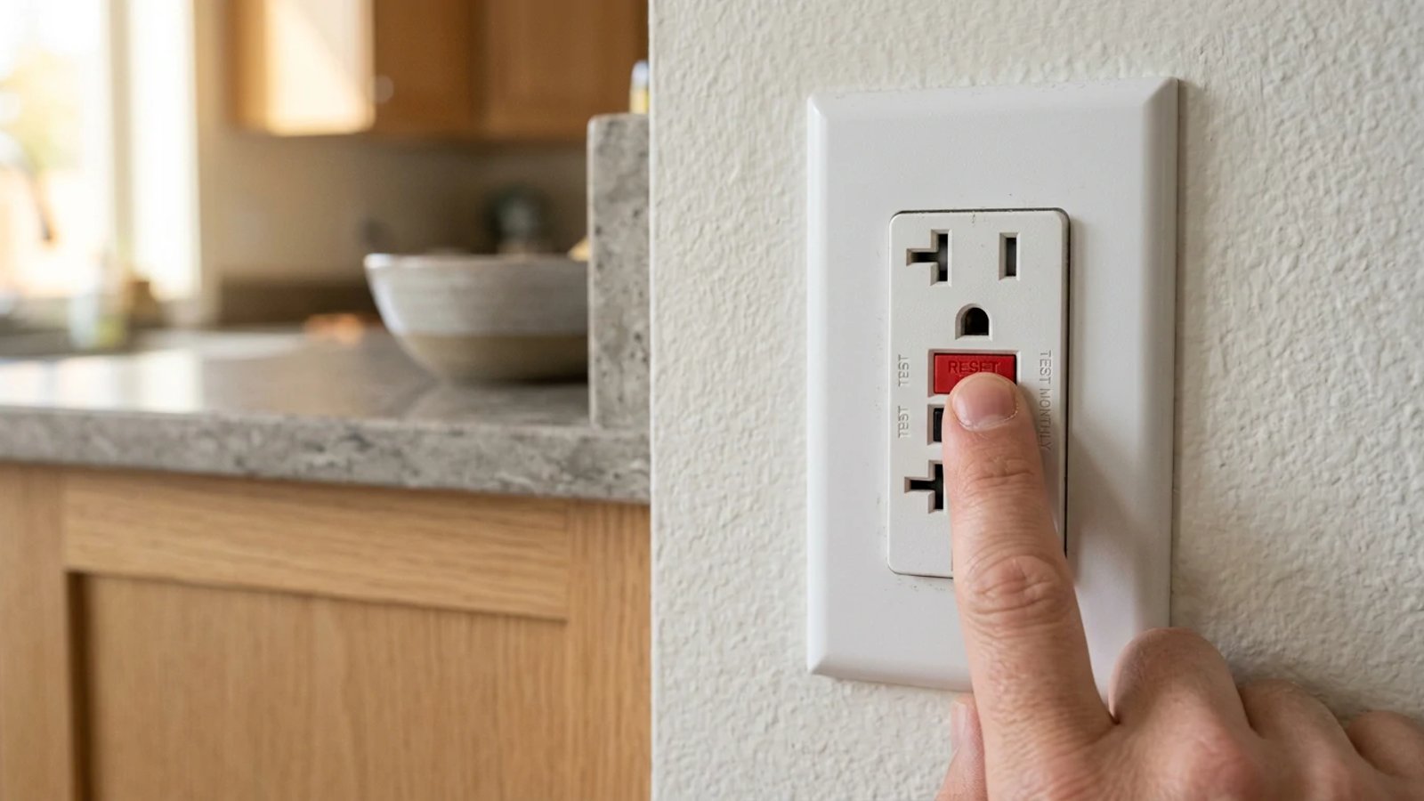 Person pressing the reset button on a white GFCI wall outlet