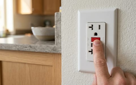 Person pressing the reset button on a white GFCI wall outlet