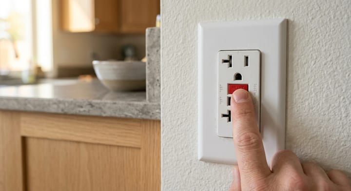 Person pressing the reset button on a white GFCI wall outlet