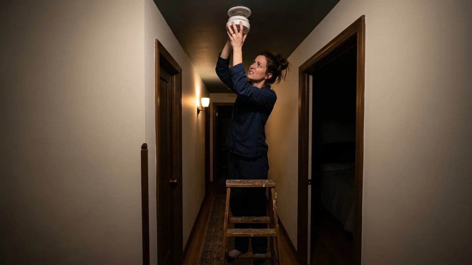 Homeowner removing a chirping smoke detector from the ceiling at night.