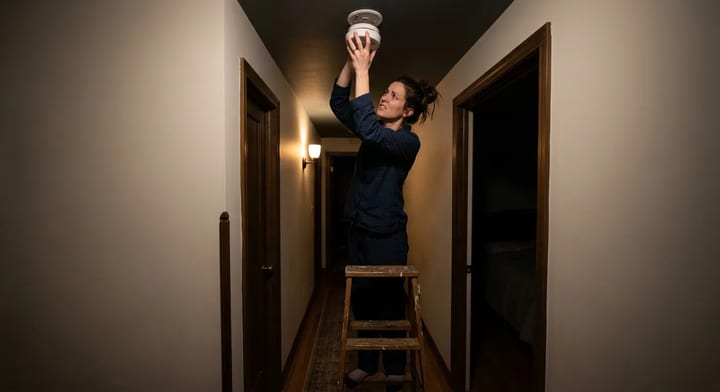 Homeowner removing a chirping smoke detector from the ceiling at night.
