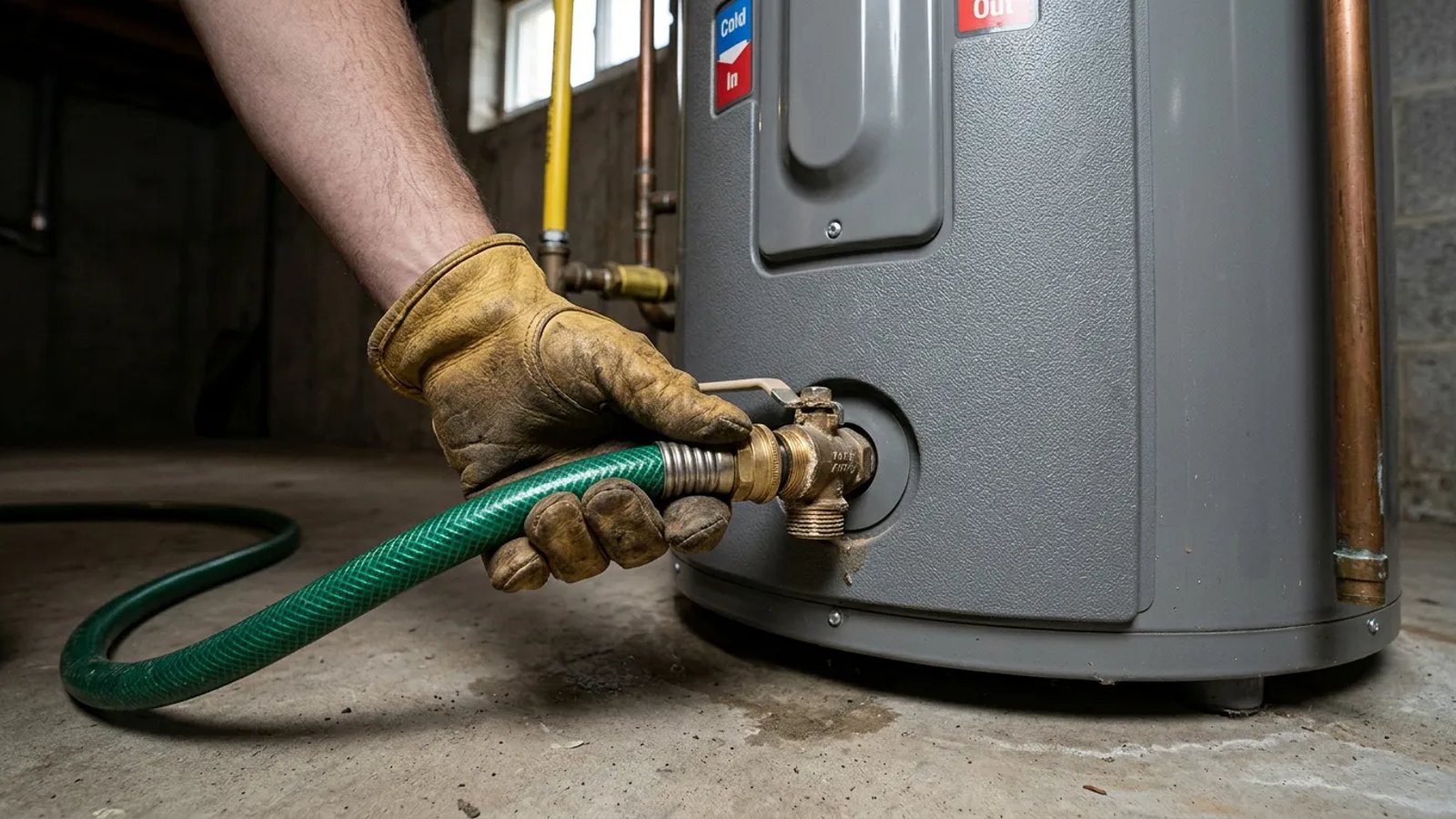 Attaching a garden hose to the brass drain valve of a residential water heater