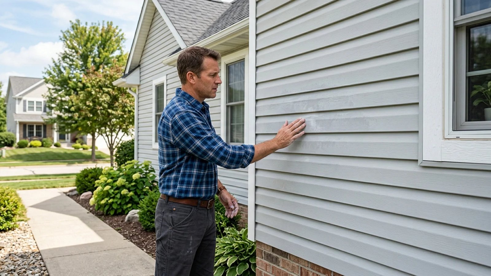 Homeowner inspecting the condition of light gray vinyl siding on a house exterior