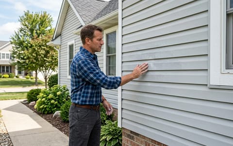 Homeowner inspecting the condition of light gray vinyl siding on a house exterior