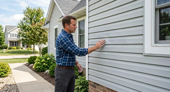 Homeowner inspecting the condition of light gray vinyl siding on a house exterior