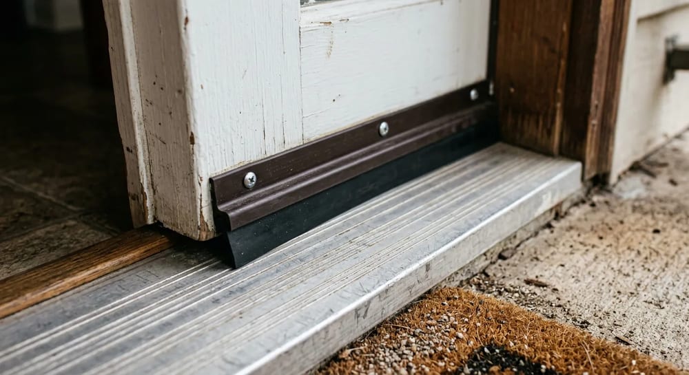 A door sweep blocks wind and bugs at the threshold.