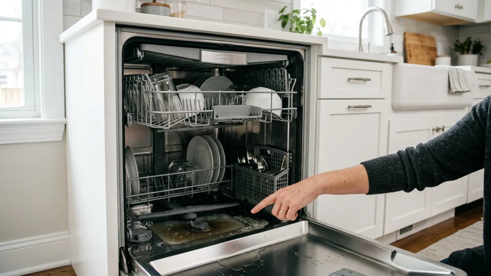 Open dishwasher showing a puddle of dirty water at the bottom of the tub.