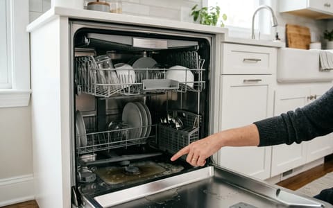 Open dishwasher showing a puddle of dirty water at the bottom of the tub.