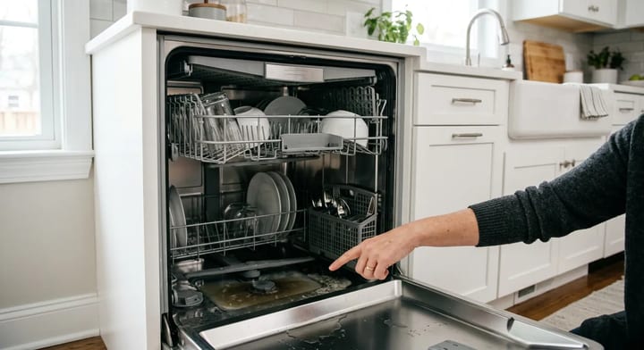 Open dishwasher showing a puddle of dirty water at the bottom of the tub.