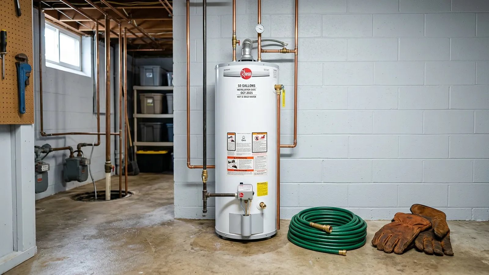A standard residential water heater in a utility room with a garden hose and work gloves nearby