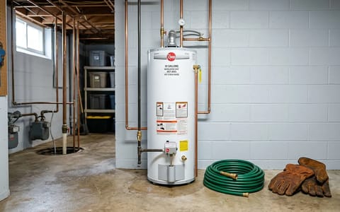 A standard residential water heater in a utility room with a garden hose and work gloves nearby