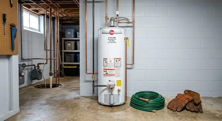 A standard residential water heater in a utility room with a garden hose and work gloves nearby