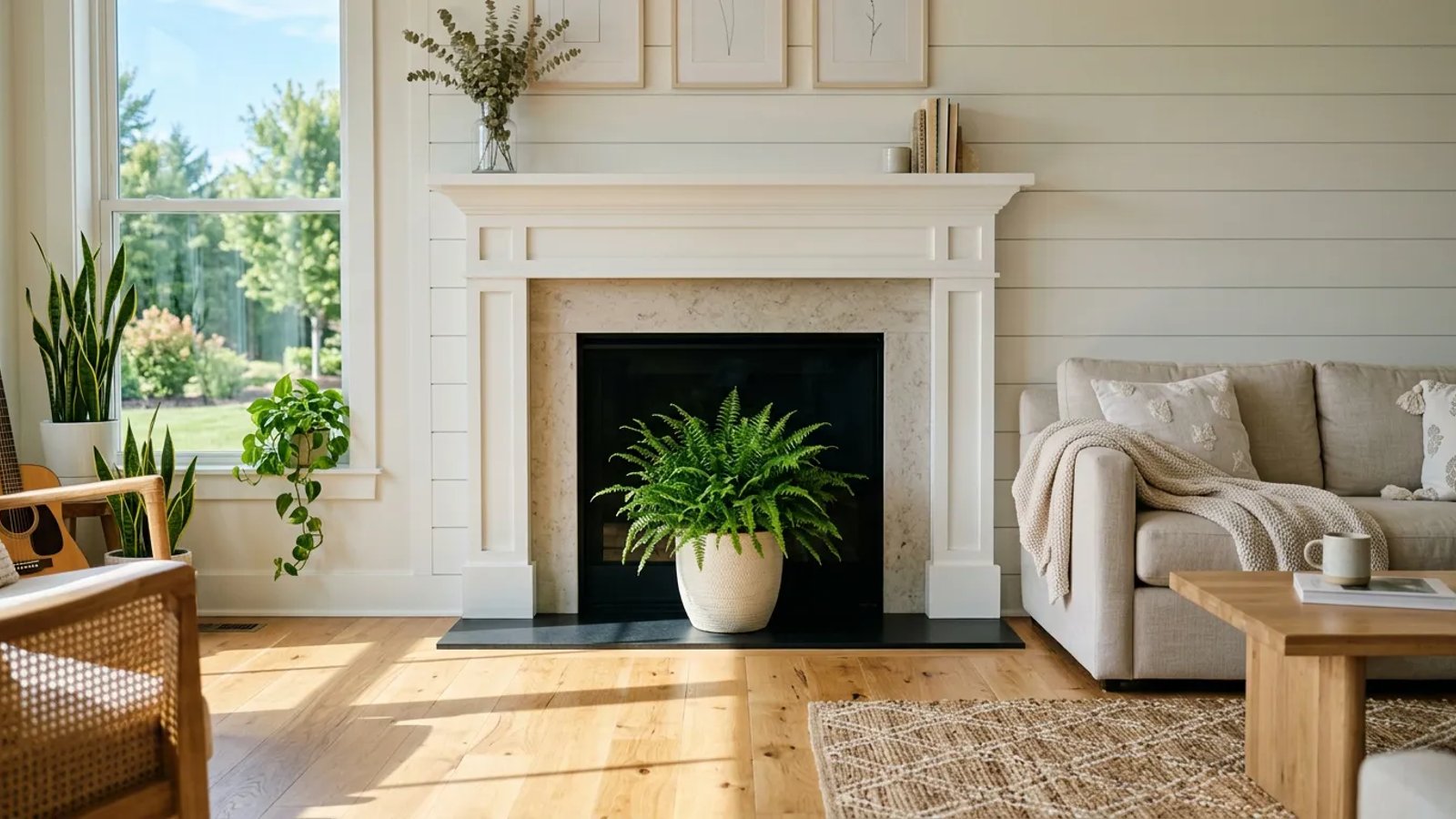 A clean fireplace decorated for summer with a potted fern inside the firebox.