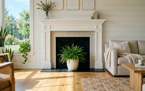 A clean fireplace decorated for summer with a potted fern inside the firebox.
