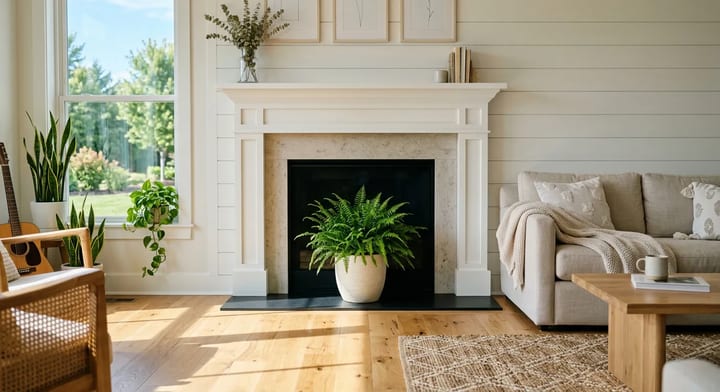 A clean fireplace decorated for summer with a potted fern inside the firebox.