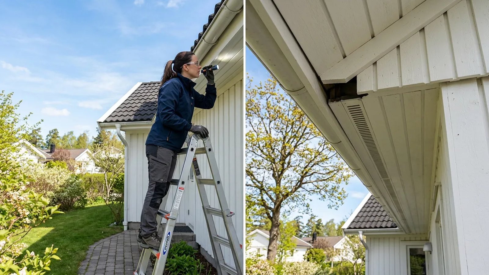 Homeowner on a ladder inspecting roof eaves for early spring wasp nests with a flashlight.