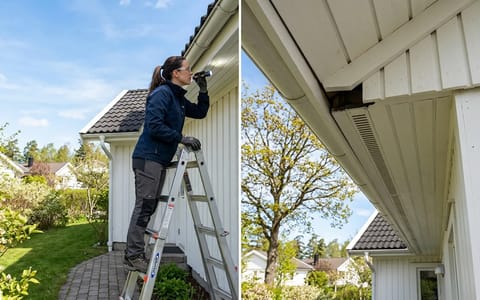 Homeowner on a ladder inspecting roof eaves for early spring wasp nests with a flashlight.