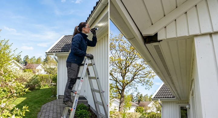 Homeowner on a ladder inspecting roof eaves for early spring wasp nests with a flashlight.