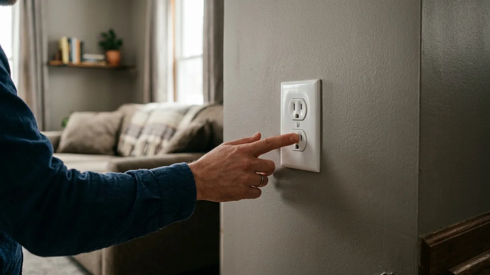 A homeowner cautiously touching a white electrical wall plate to check for heat.