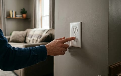 A homeowner cautiously touching a white electrical wall plate to check for heat.
