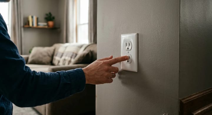 A homeowner cautiously touching a white electrical wall plate to check for heat.