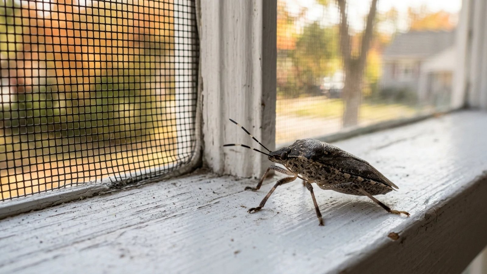 A brown stink bug sitting on a white indoor window sill next to a window screen