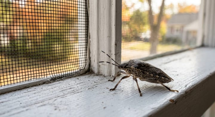 A brown stink bug sitting on a white indoor window sill next to a window screen